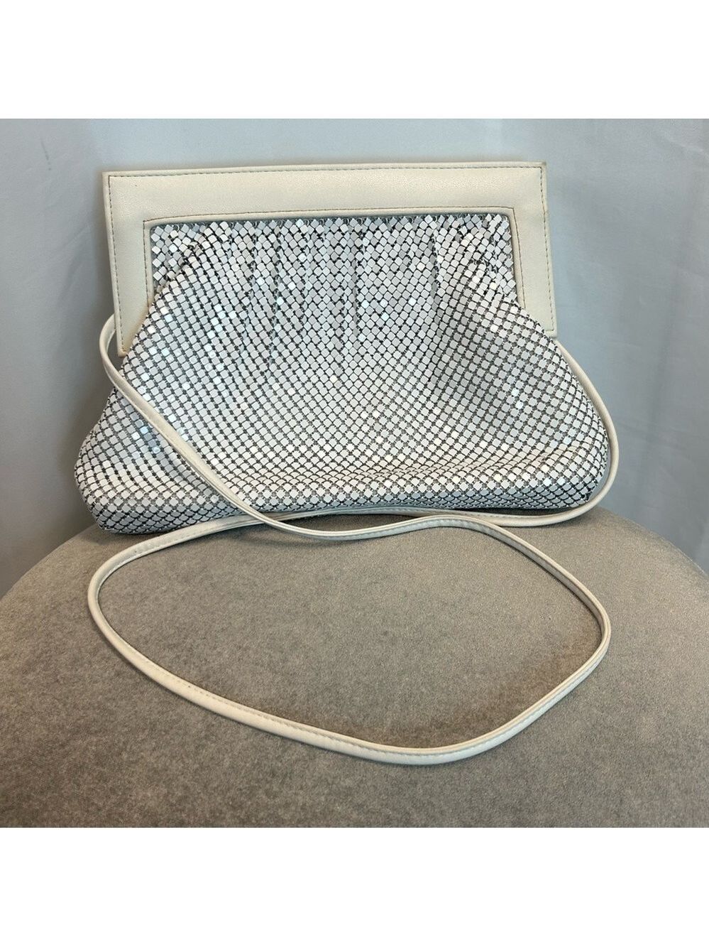 Whiting and Davis International white chain metal mesh crossbody evening purse